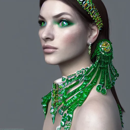 Image similar to portrait of wonderful princess of emeralds with fair skin, ornate, 8 k, gorgeous, intricate, detailed, accent lighting, ethereal lighting, hyper realism, octane render