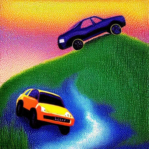 Prompt: “pointillist painting of a rally car jumping off a cliff in the mountain, at sunset, driven by a cat, bight, pop, fun”