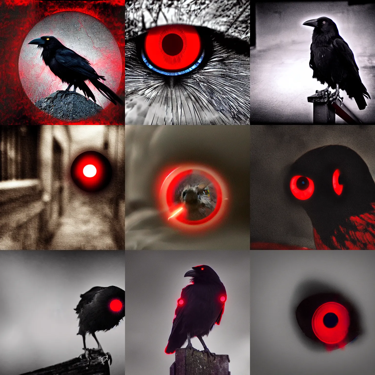 Prompt: ominous dark perched crow with glowing red lens eye (detailed realistic photograph) (gritty atmosphere)