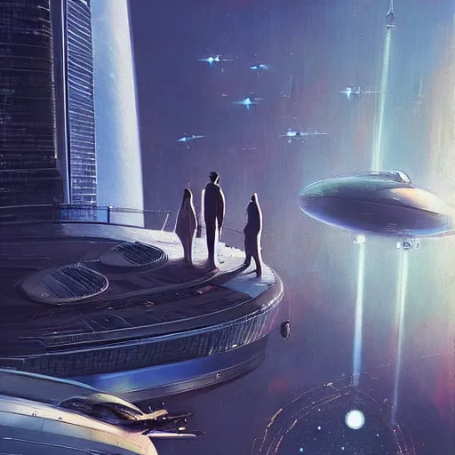 Image similar to gorgeous sci fi imagery | landing spot | space and city flying craft | futuristic | beautiful couple in the foreground heading to their hovering transport | futurism | modern couple | futuristic cityscape in the background | low angle close up | by john berkey, greg rutkowski, james gurney