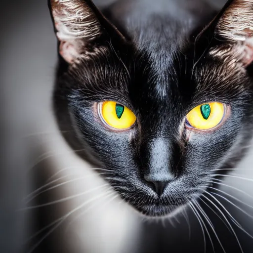 a picture of an angry black fuzzy cat with yellow