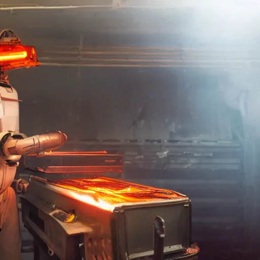 Image similar to cyborg with toaster oven chest, dark messy smoke - filled cluttered workshop, dark, dramatic lighting, orange tint, sparks, cinematic, highly detailed, sci - fi, futuristic, movie still