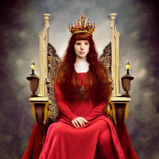 Image similar to Regal fiery bird, sitting on a throne with a crown on her head, Pre-Raphaelite, matte painting, trending on artstation