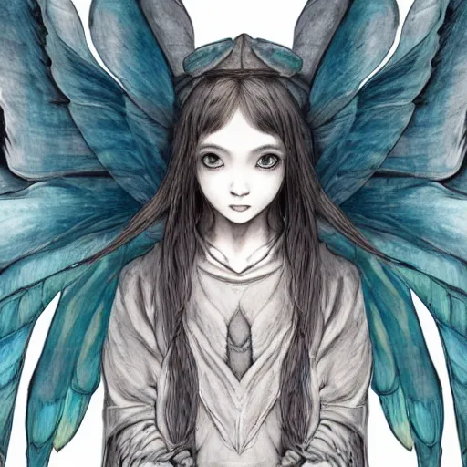 Prompt: a fairy girl, wearing a hoodie and sweatpants, symmetrical wings, wings made of pizza, basic white background, symmetrical, watercolor, pen and ink, intricate line drawings, by Yoshitaka Amano, Ruan Jia, Kentaro Miura, Artgerm, detailed, trending on artstation, hd, masterpiece,
