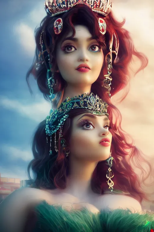 Image similar to dreamy beautiful persian asian princess in clouds, green eyes, red dress, long black curly hair, smiling, wearing a diamond tiara, face, highly detailed, artstation, concept art, sharp focus, hyper realistic, octane render, unreal engine, 8 k