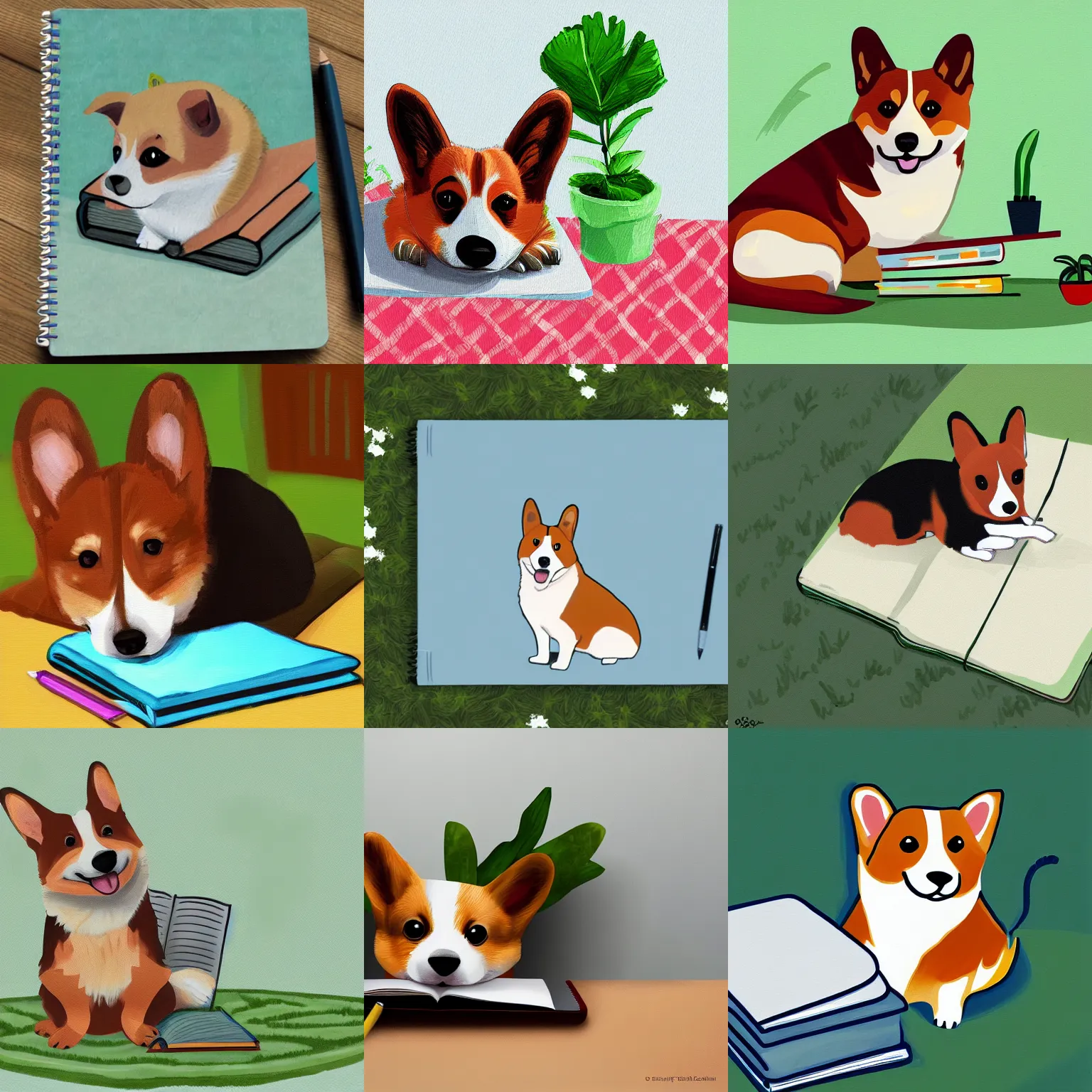 Prompt: very sad crying corgi sitting behind notebook on bed among the greenery, digital art painting