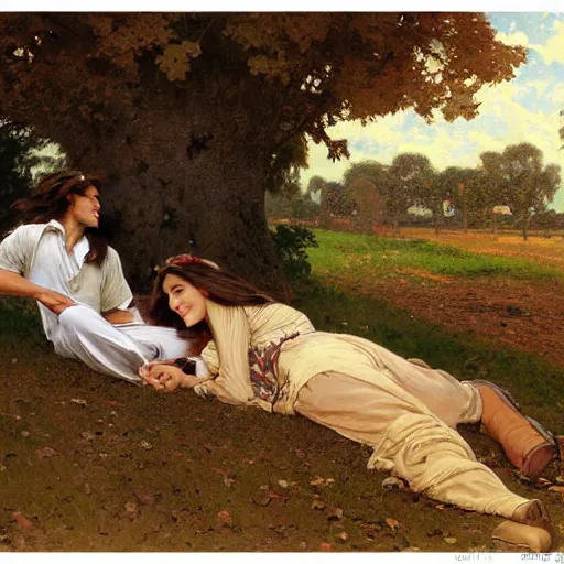 Prompt: young man and woman with long brown hair, laying under a tree looking at clouds autumn, ( ( ( wearing jeans ) ) ), by ( ( ( charles sillem lidderdale ) ) ), stanley artgerm lau, greg rutkowski, thomas kindkade, alphonse mucha, loish, norman rockwell