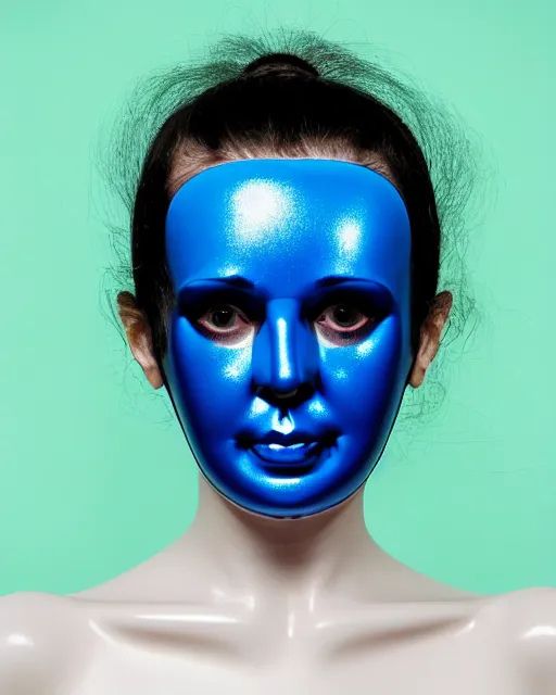 Prompt: symmetrical close - up portrait of a woman wearing a neon blue silicone beauty mask and hair rolls, wearing a black bodysuit by alexander mcqueen, cream white background, biotechnology, humanoide robot, bjork aesthetic, translucent, by rineke dijkstra, masterpiece,