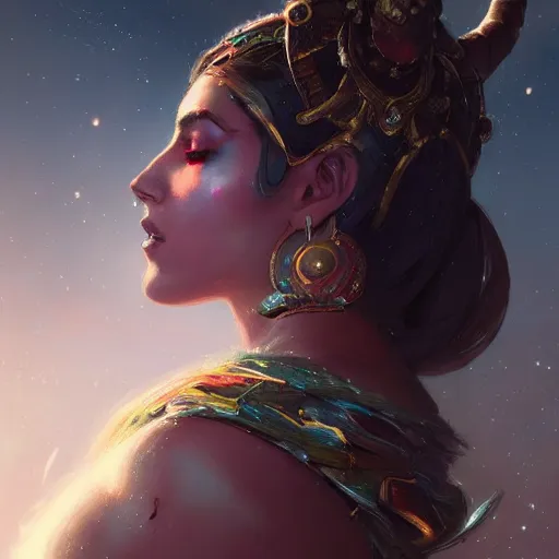 Prompt: a beautiful portrait of a cosmic goddess by Greg Rutkowski and Raymond Swanland, Trending on Artstation, nebula background