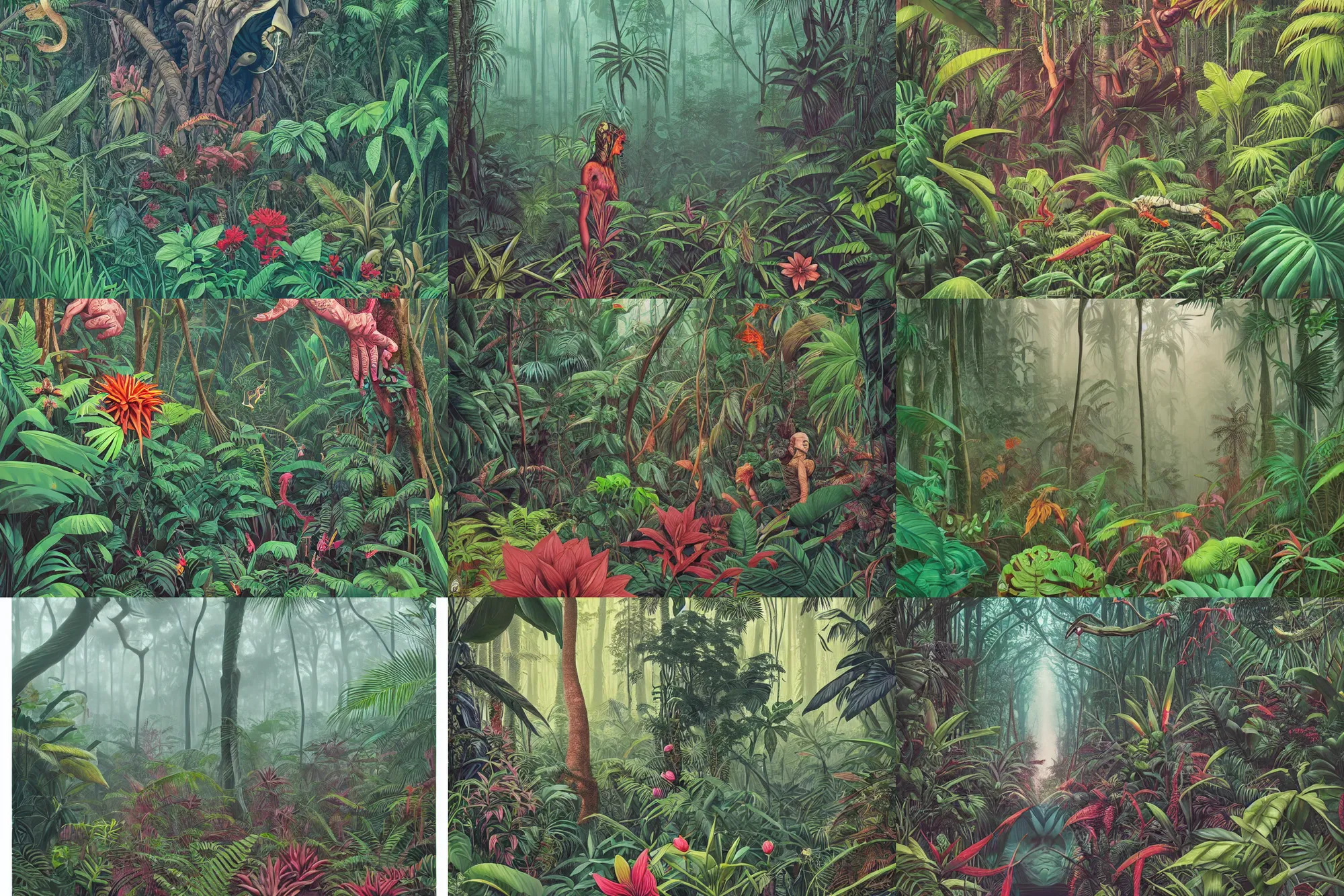 Prompt: jungle, lot of exotic vegetation, trees, flowers, dull colors, in the foggy huge forest, by moebius, junji ito, tristan eaton, victo ngai, artgerm, rhads, ross draws, hyperrealism, intricate detailed