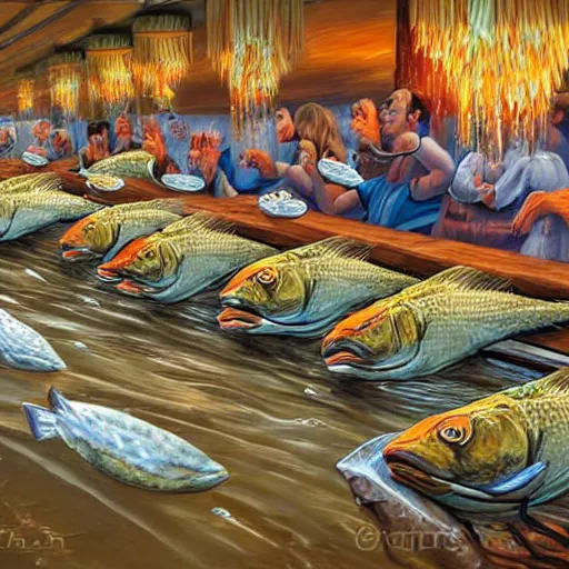 Image similar to a large group of fish eating at a buffet, photorealistic, very detailed