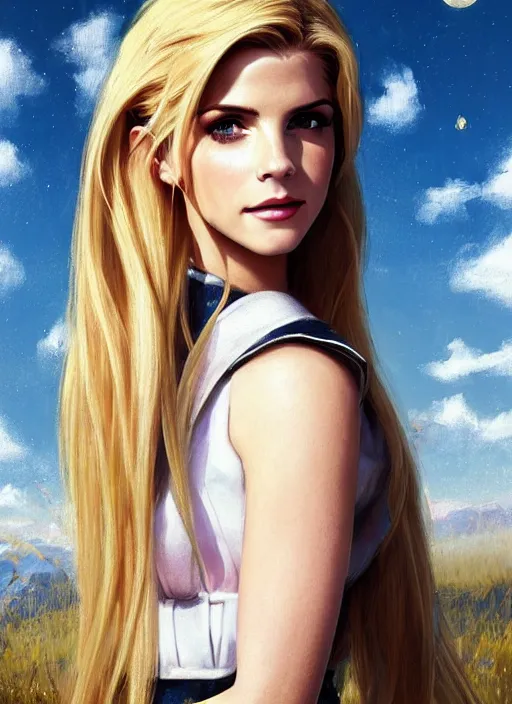 Image similar to portrait of a combination of Ashley Greene, Katheryn Winnick, Victoria Justice and Adriana Dxim, Grace Kelly, Emma Watson and Lily Collins with blonde hair as Sailor Moon, countryside, calm, fantasy character portrait, dynamic pose, above view, sunny day, thunder clouds in the sky, artwork by Jeremy Lipkin and Giuseppe Dangelico Pino and Michael Garmash and Rob Rey and Greg Manchess and Huang Guangjian, very coherent asymmetrical artwork, sharp edges, perfect face, simple form, 100mm