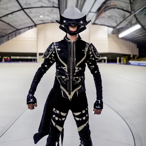 Image similar to High angle shot of Austin Butler dressed in futuristic-baroque duelist-garb and carbon-armor, standing in an arena, XF IQ4, f/1.4, ISO 200, 1/160s, 8K, RAW, unedited, symmetrical balance, face in-frame