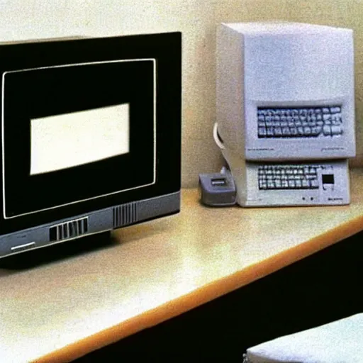 Image similar to slightly blurry and grainy photographic proof of a 8 0 s 8 bit homecomputer and peripherals and tv monitor that never was released tp the public.