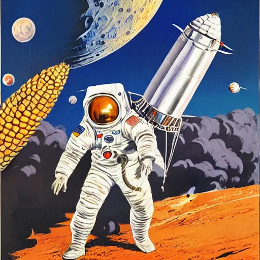 Prompt: 1965 Robert McCall painting of astronauts fighting a giant corn monster on the moon