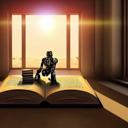 Prompt: digital painting of a droid robot reading a book, concept art, sunlight pouring through window, large scale, high detail, futuristic, godrays, volumetric lighting, warm lighting