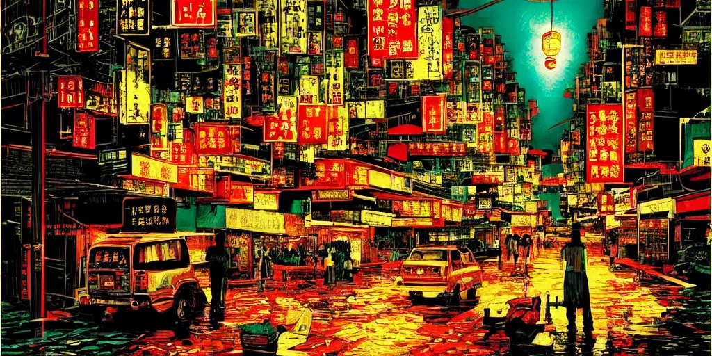 Image similar to artwork of wong kar - wai's hong kong street, by dan mumford and toshi yoshida and peter doig, vintage, highly detailed, dramatic lighting, 8 k