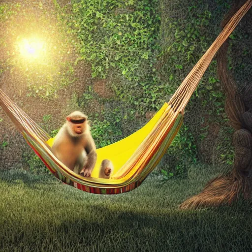 Image similar to digital art of a monkey laying in a hammock eating a banana, octane render, 8 k render, saturated, dynamic lighting