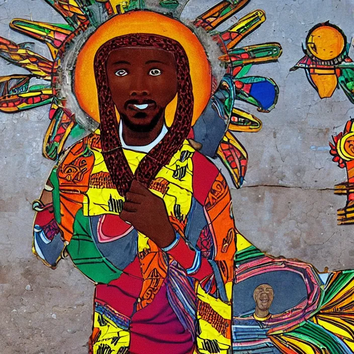 Image similar to UFO hovering over an African Jesus , colourful, in the style of Nigerian truck art (Eagle & Snake, Kano),