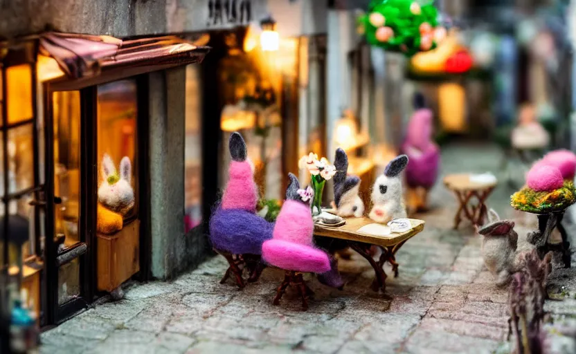 Image similar to miniature cafe diorama macro photography, cafe with felted bunnies on a date, alleyway, ambient, atmospheric, british, cozy, bokeh, romantic, colorful lanterns