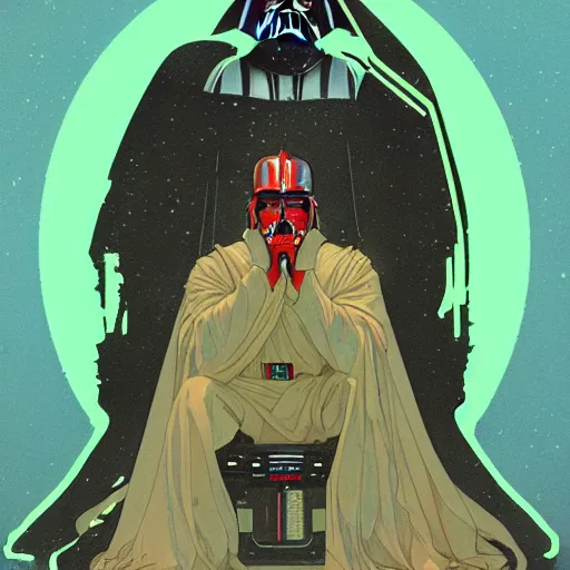 Image similar to darth vader sitting in his meditation chamber with half of his hemet off by Alphonse Mucha + Greg Rutkowski + Sachin Teng