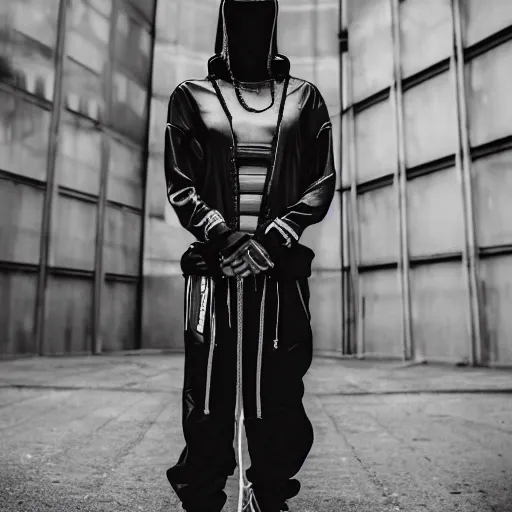 Image similar to fashion photography of an extraterrestrial model, wearing futuristic hip - hop streetwear fashion, inside berghain, berlin fashion, futuristic fashion, dark minimal outfit, photo 3 5 mm leica, hyperdetail, berghain, 8 k, very detailed