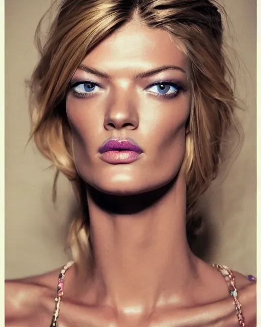 Prompt: A beautiful portrait of Martha Hunt as a Pucci fashion model Spring/Summer 2012, highly detailed, in the style of cinematic, Getty images, Milan fashion week backstage, Makeup by Pat McGrath, Hair by guido palau, Greg rutkowski