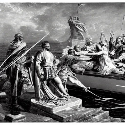 Prompt: the assassination of julius caesar on a yacht highly detailed concept art