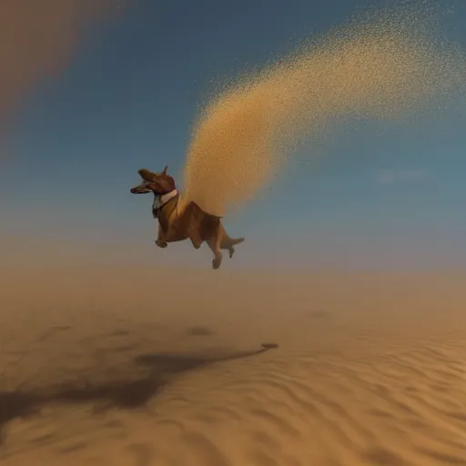 Prompt: bingus flying through the sandstorm in 4 k definition