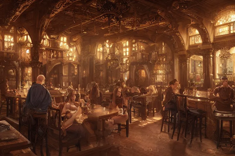 Image similar to ultra realistic illustration, baroque tavern interior from diablo and baldurs gate, intricate, elegant, highly detailed, digital painting, artstation, concept art, smooth, sharp focus, illustration, art by artgerm and greg rutkowski and alphonse mucha