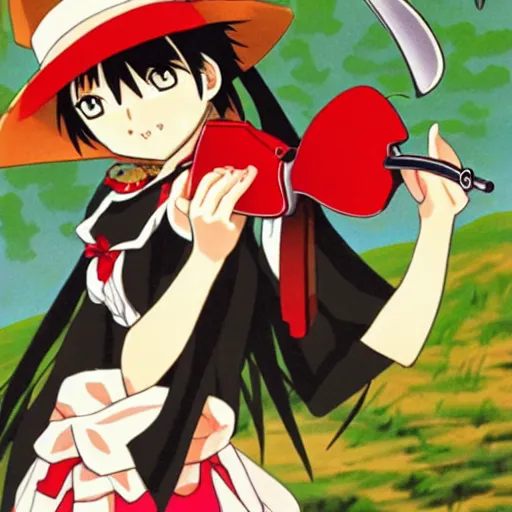 Prompt: Kagome Higurashi as a cowgirl with a beautifully stylized revolver, Royal Armouries, Inuyasha, art by Rumiko Takahashi