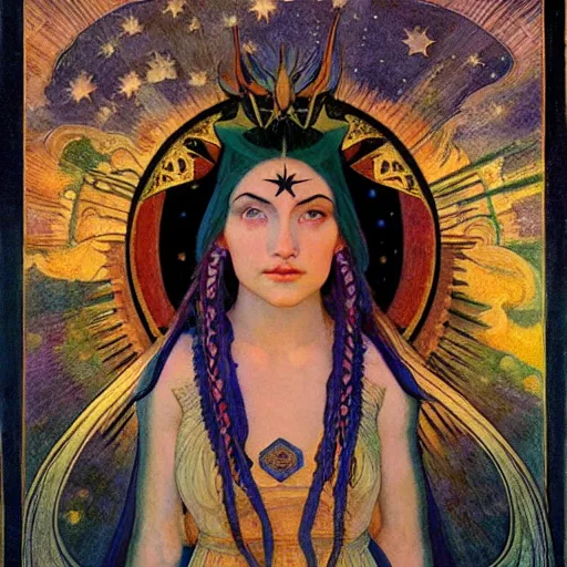 Image similar to queen of the moon with stars in her hair, by nicholas roerich and annie swynnerton and donato giancola and dulac and elihu vedder, dramatic lighting, god rays, geometric tattoos, rich colors, smooth sharp focus, extremely detailed, leo and diane dillon, adolf wolfli