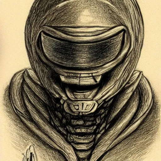 Image similar to Hand drawn illustration of a space alien, by James Gurney in the style of a pencil sketch.