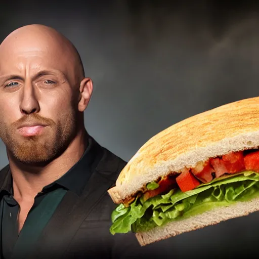 Image similar to Ryback turned himself into a sandwich, hyperrealistic, photorealistic, 4k, ultra hd, award-winning, rendered in octane, rendered in unreal engine