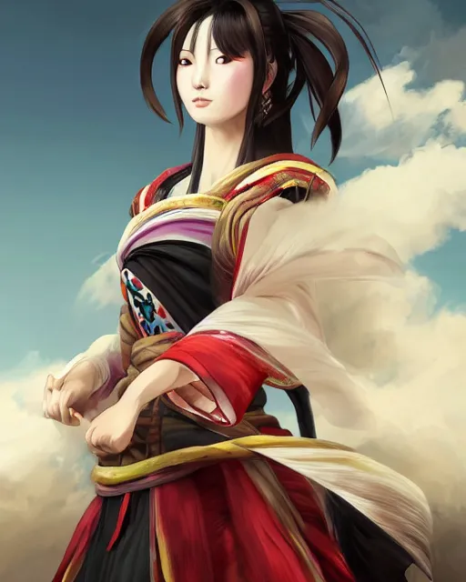 Prompt: beautiful portrait of oichi , sana from twice in sengoku basara in the paintetly style of WLOP, artgerm, brush stroke oil painting, dynamic lighting, imagine fx, artstation