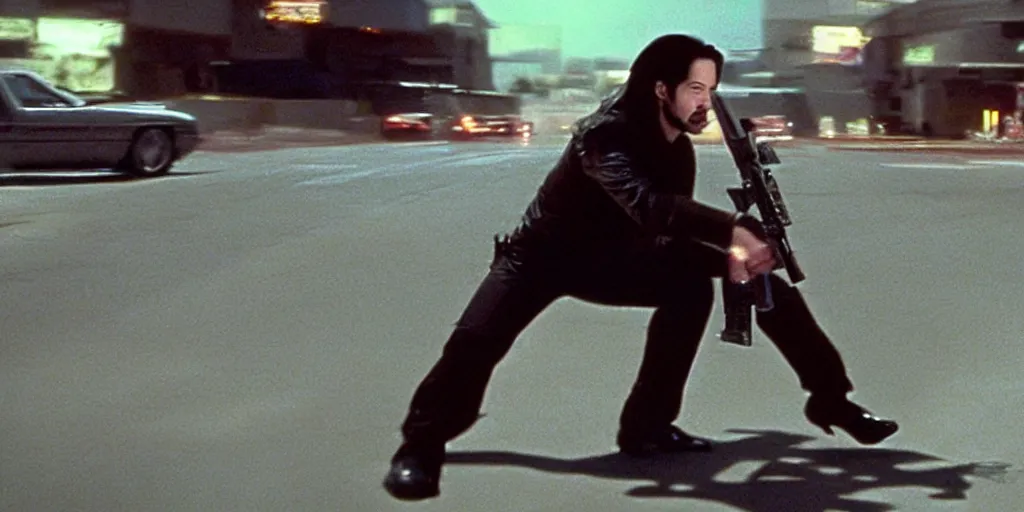 Prompt: beautiful hyperrealism three point perspective film still of Keanu Reeves as neo in bullet time aiming at agent smith in a nice oceanfront promenade motorcycle chase scene in Matrix meets kagemusha(1990) extreme closeup portrait in style of 1990s frontiers in translucent porcelain miniature street photography seinen manga fashion edition,, tilt shift style scene background, soft lighting, Kodak Portra 400, cinematic style, telephoto by Emmanuel Lubezki