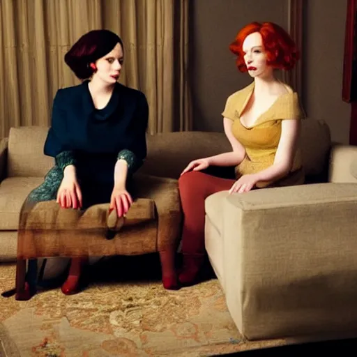 Image similar to a very surprised beautiful Christina Hendricks and her twin sister in the living room, film still from the movie directed by Denis Villeneuve with art direction by Salvador Dalí, wide lens