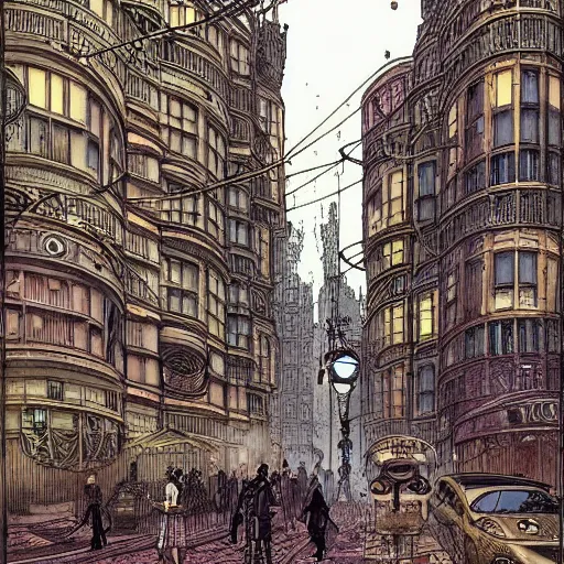 Image similar to dystopian steampunk digital painting London street beautifully detailed illustration by Hermann Corrodi, Milo Manara and Victo Ngai, late 1800’s style 576