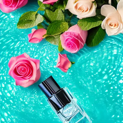 Image similar to centered bright perfume bottle standing in clear blue rippling water surrounded by a plethora of mint leaves and roses, with white crisp zen mountain background, illumination lighting, sharp focus, surreal photography, vogue, hartper's bazaar, sephora,