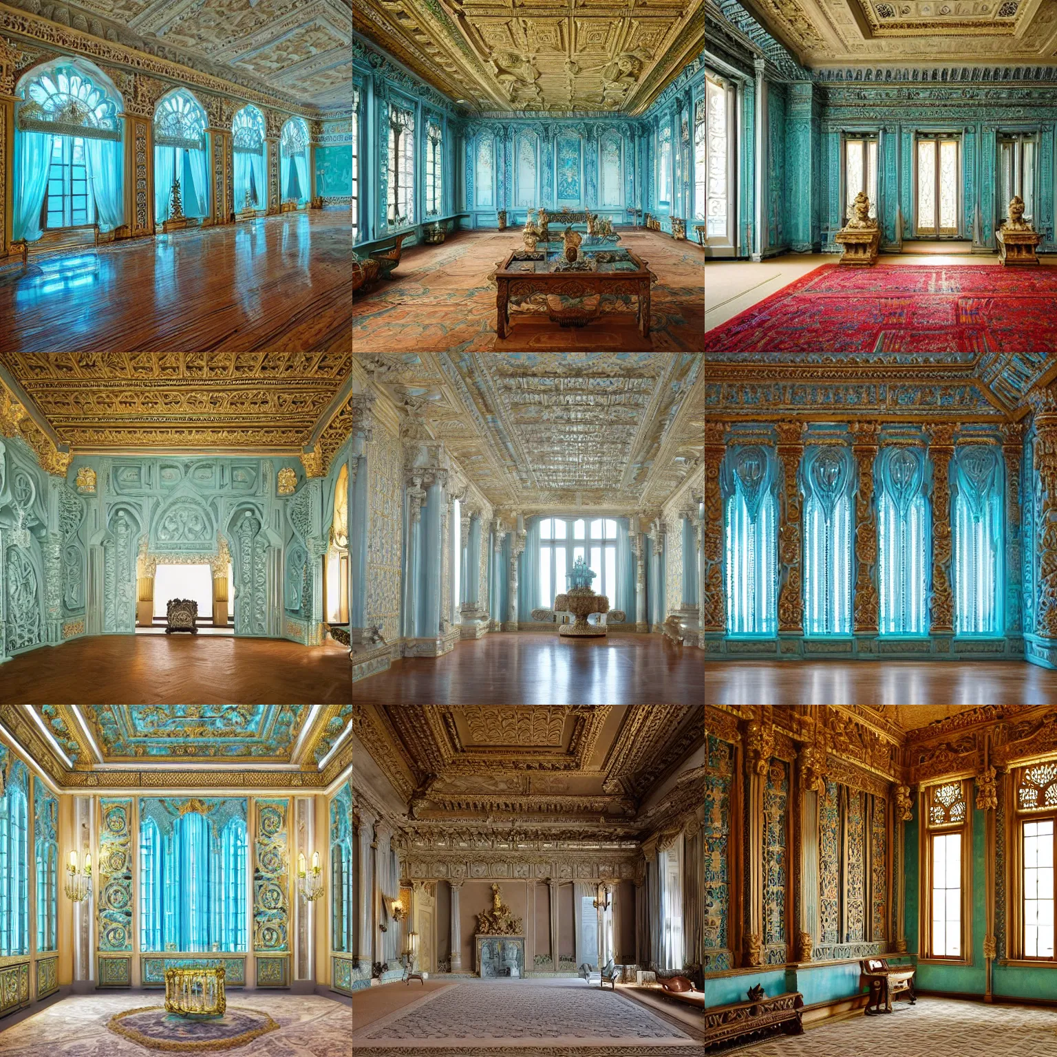 Prompt: large palace room intricately carved from aquamarine, dimly lit with sunlight filtering through the walls