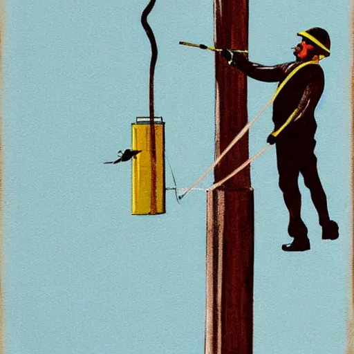 Prompt: A lineman working on a utility pole (telephone pole), a wasp nest on the pole. painting, commercial illustration, 1960s,