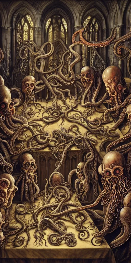 Image similar to group of mages with human bodies and octopus heads sitting near the table with magical artifacts in an ancient mage castle with enormous scale, gothic and baroque, brutalist architecture, ultradetailed, Intricate by John Howe and Josan Gonzalez and James Jean and Giuseppe Arcimboldo