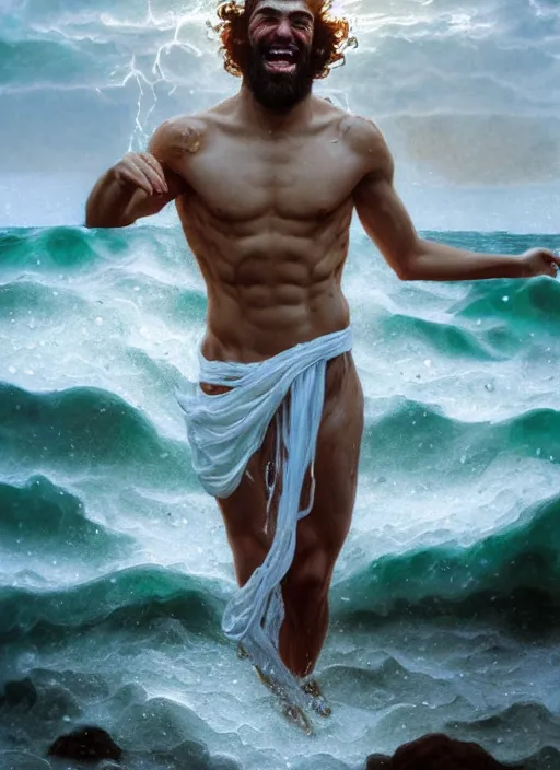 Image similar to portrait of teenage poseidon rising from ocean, greek, short curly blonde hair, mad smile, wearing a wet white sash, elegant, crashing waves, storm, glowing lights, volumetric lighting, highly detailed, digital painting, artstation, concept art, smooth, sharp focus, illustration, art by wlop, mucha, artgerm, and greg rutkowski