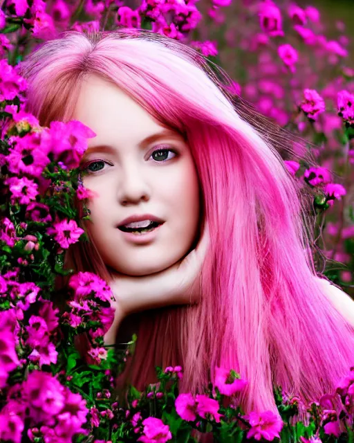 Image similar to beautiful girl, pink glowing hair, wind blowing, big eyes, cute, clear clean face, symmetrical face, blurry background, posing, high contrast, three quartered turned angle, surrounded by flowers