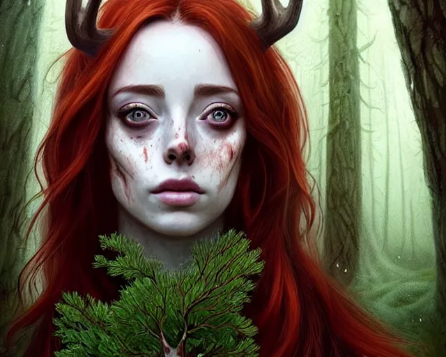 Prompt: surrounded by trees, realistic character concept, gorgeous Kacey Rohl, red hair, small freckles, symmetrical face, symmetrical eyes, full body, covered in blood, dark forest, trees, shorter neck, cinematic lighting, Joshua Middleton and artgerm:: tall Wendigo monster with antlers and a deer skull face lurking in the background, fear anxiety terror