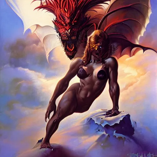 Image similar to woman transforming into a dragon, frank frazetta, boris vallejo, julie bell, fantasy painting, 8 k, hdr, perfect composition, striking color, beautiful artwork