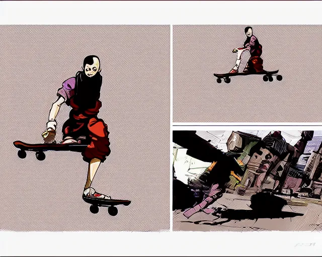 Prompt: a study of cell shaded cartoon of a monk on a skateboard with technical analysis charts in the background, illustration, wide shot, subtle colors, post grunge, concept art by josan gonzales and wlop, by james jean, Victo ngai, David Rubín, Mike Mignola, Laurie Greasley, highly detailed, sharp focus, alien, Trending on Artstation, HQ, deviantart, art by artgem