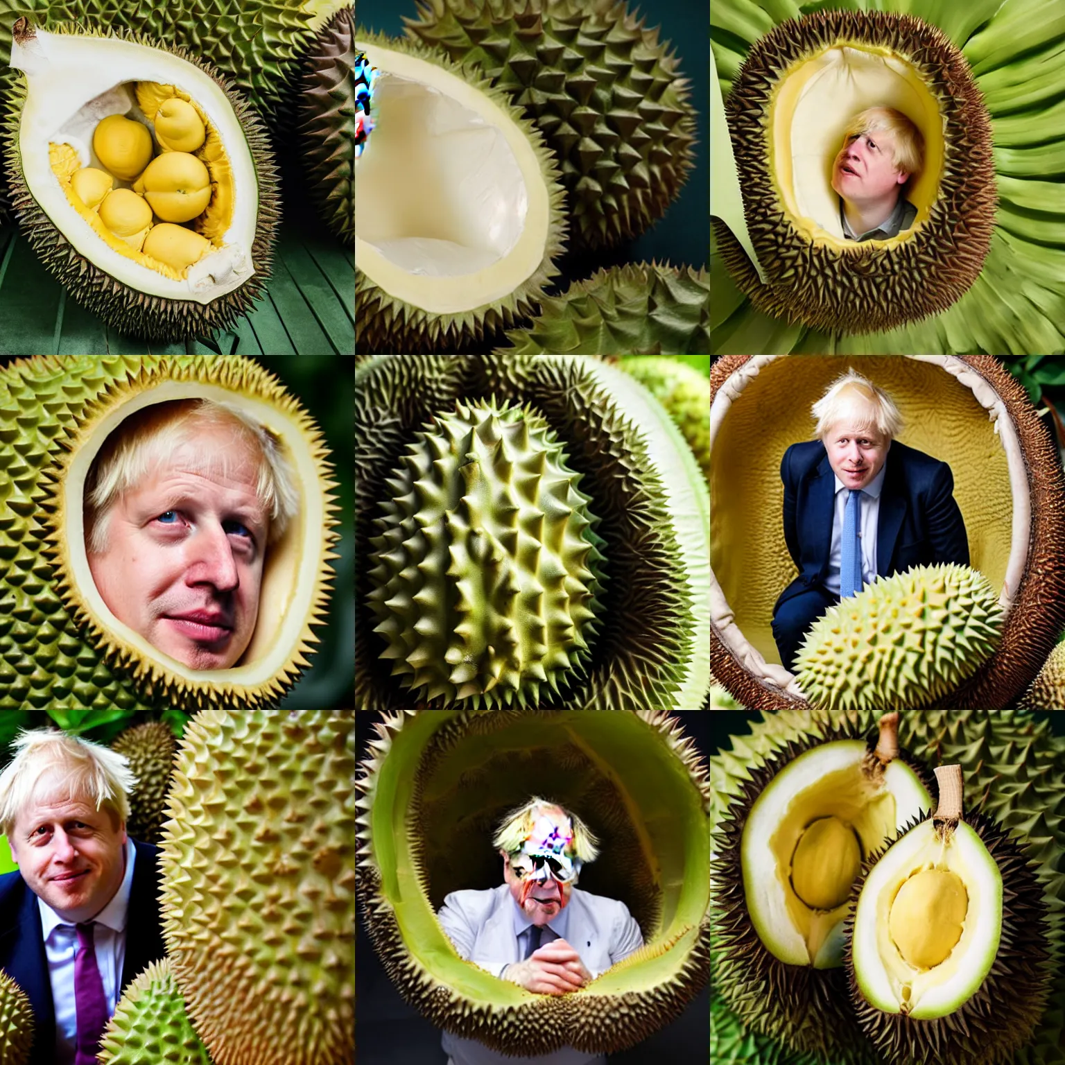 Prompt: boris johnson inside a durian, comfy, portrait photography, high quality