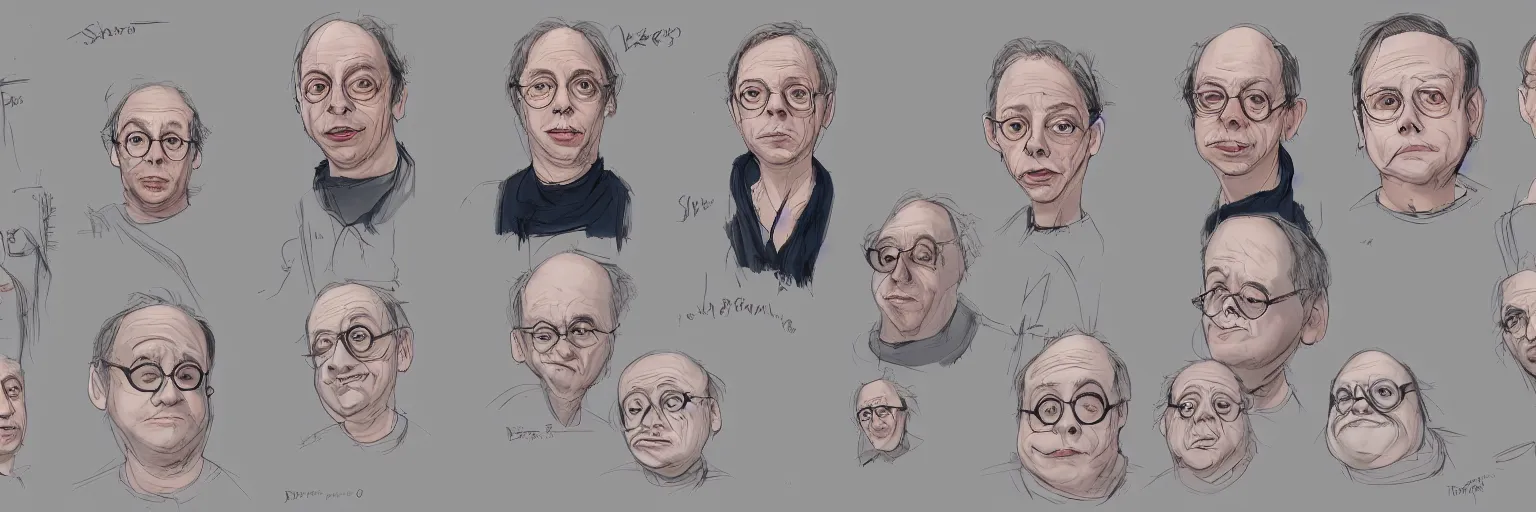 Prompt: character study of todd solondz and steve buscemi and danny devito, 2 0 2 2, clear faces, emotional, character sheet, fine details, concept design, contrast, kim jung gi, pixar and da vinci, trending on artstation, 8 k, full body and head, turnaround, front view, back view, ultra wide angle