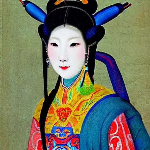 Image similar to impressive colorful portrait of a high fashion wudan girl in a chinese opera headdress, renaissance painting